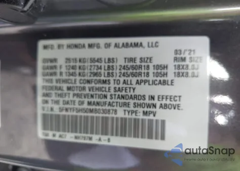 2021 Honda Pilot 2Wd Ex-L z USA, uszkodzony, nr VIN 5FNYF5H50MB030878